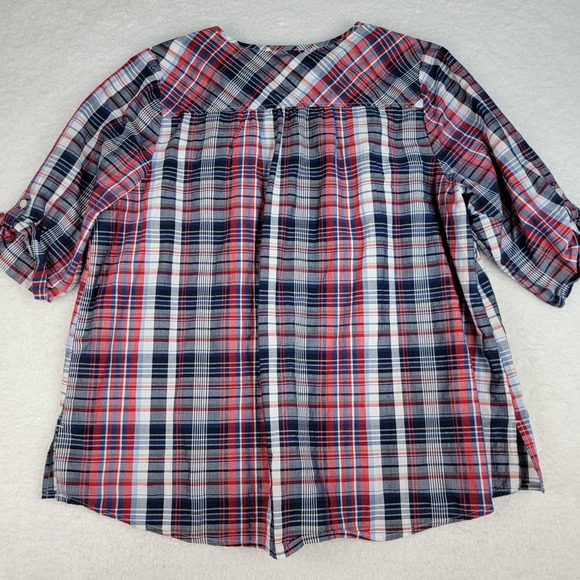 Catherines Top Womens 1X Red Blue 3/4 Sleeve Button Up Plaid Casual Basic Blouse - Picture 4 of 12